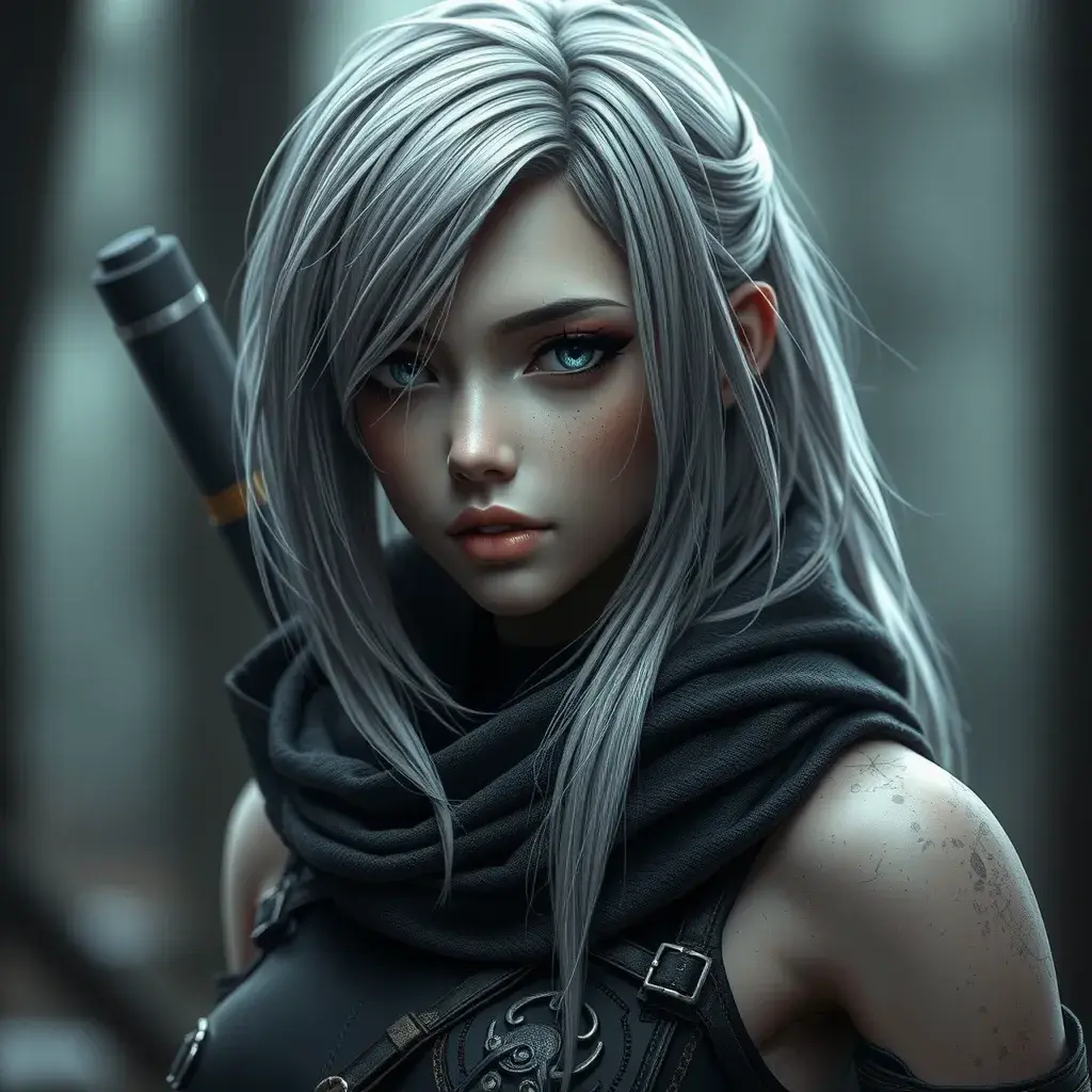 Alluring matte portrait of a beautiful ashen haired A2 from Nier Automata in the style of Stefan Kostic in black, Highly Detailed, Full Body, Bokeh effect, Photo Realistic, Sharp Focus by Stanley Artgerm Lau