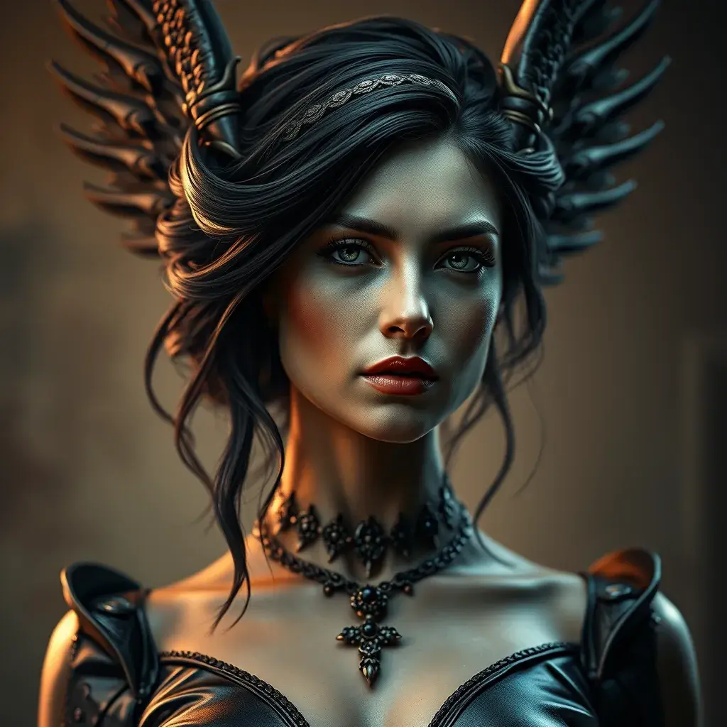 Alluring matte portrait of the beautiful goddess Selene in black leather, Highly Detailed, Intricate, Realistic, Sharp Focus, Volumetric Lighting, Fantasy, Elegant