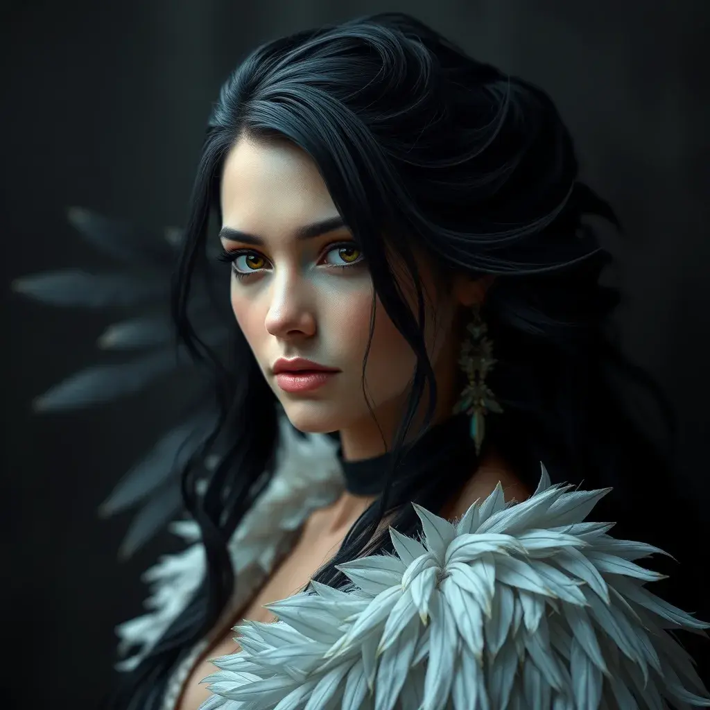 Matte portrait of the beautiful Yennefer with feathers, Highly Detailed, Intricate, Realistic, Sharp Focus, Volumetric Lighting, Fantasy, Elegant