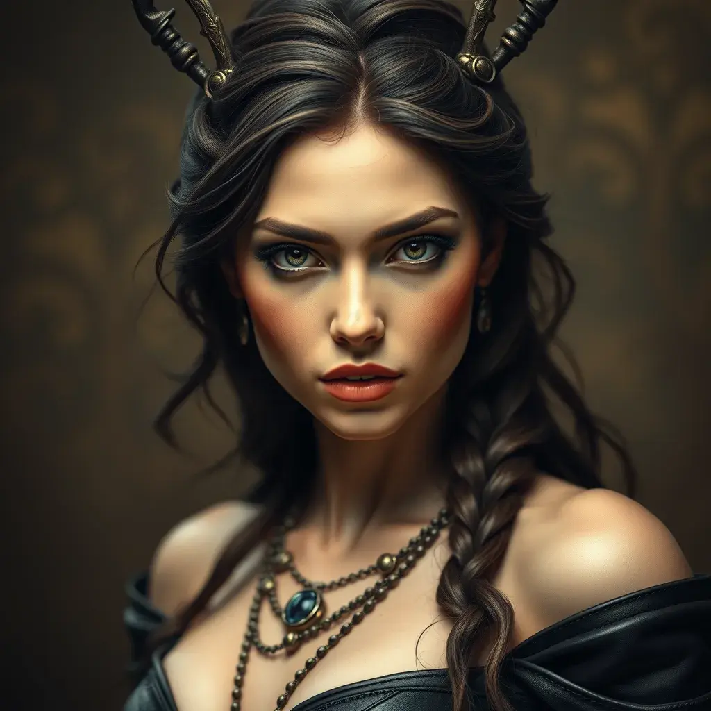 Alluring matte portrait of the beautiful goddess Artemis in black leather, Highly Detailed, Intricate, Realistic, Sharp Focus, Volumetric Lighting, Fantasy, Elegant