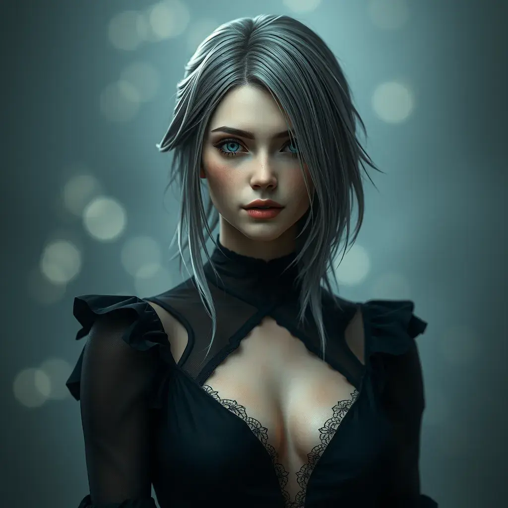 Alluring matte portrait of a beautiful ashen haired A2 from Nier Automata in the style of Stefan Kostic in a black dress, Highly Detailed, Full Body, Bokeh effect, Photo Realistic, Sharp Focus by Stanley Artgerm Lau