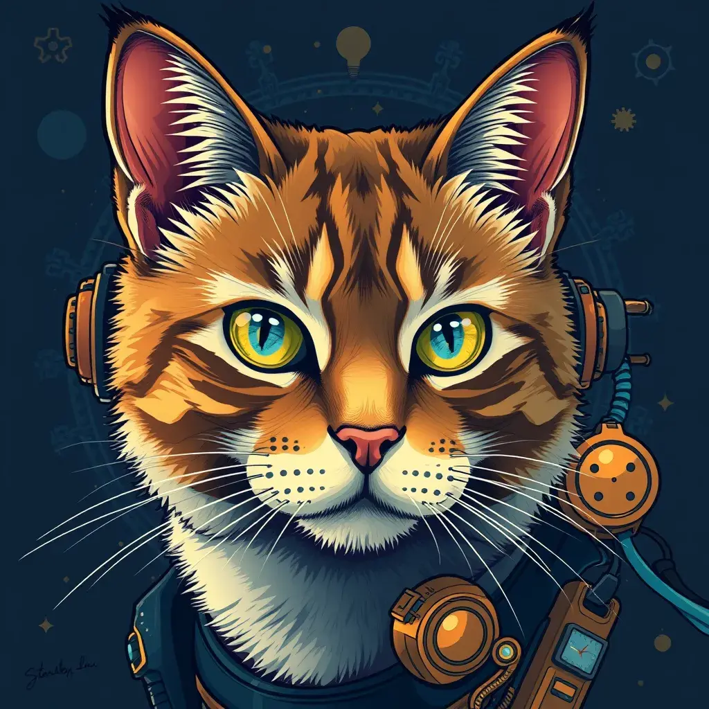 Steampunk portrait of a cat, clean vector, colorful illustration, inspired by future technology, Highly Detailed, Vintage Illustration, Steampunk, Smooth, Vector Art, Colorful by Stanley Artgerm Lau