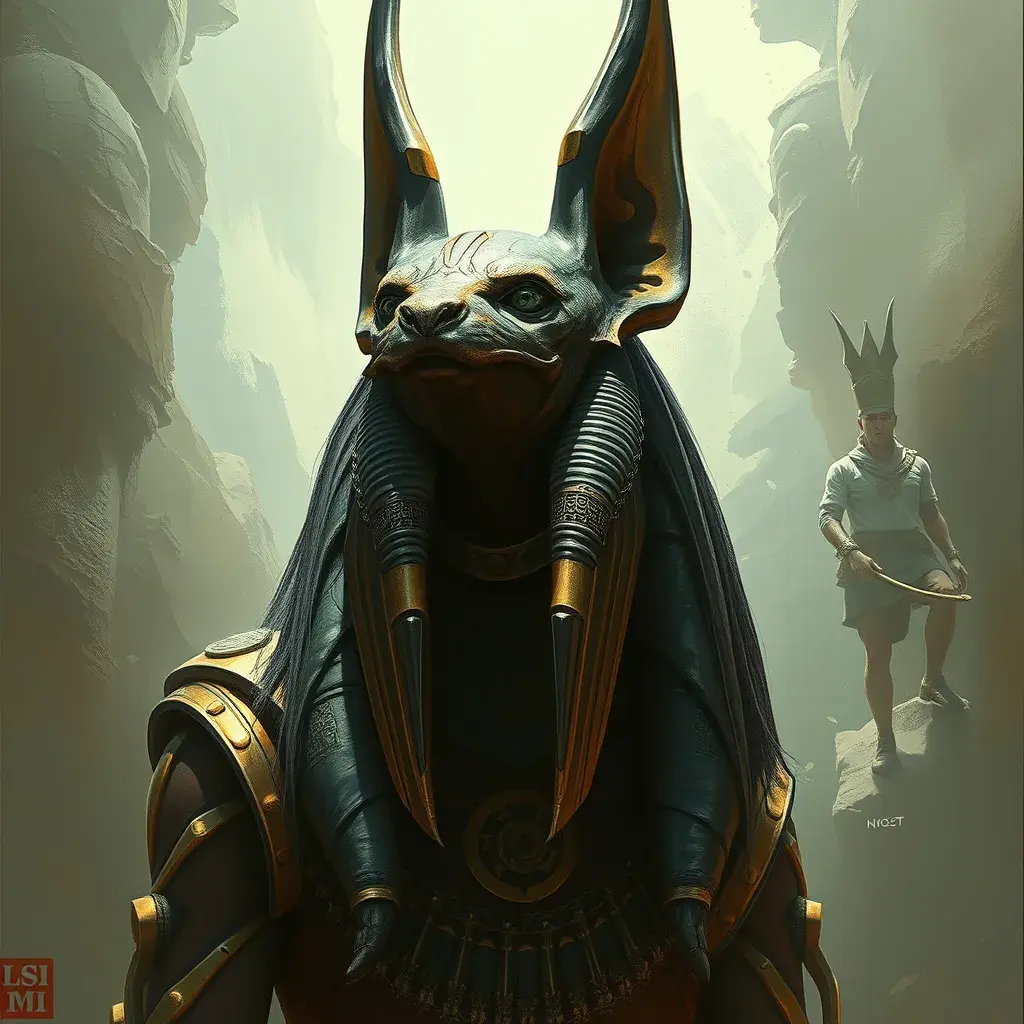 The egyptian god Anubis, Highly Detailed, Hyper Detailed, Powerful, Artstation, Vintage Illustration, Digital Painting, Sharp Focus, Smooth, Concept Art by Stanley Artgerm Lau, Alphonse Mucha, Greg Rutkowski