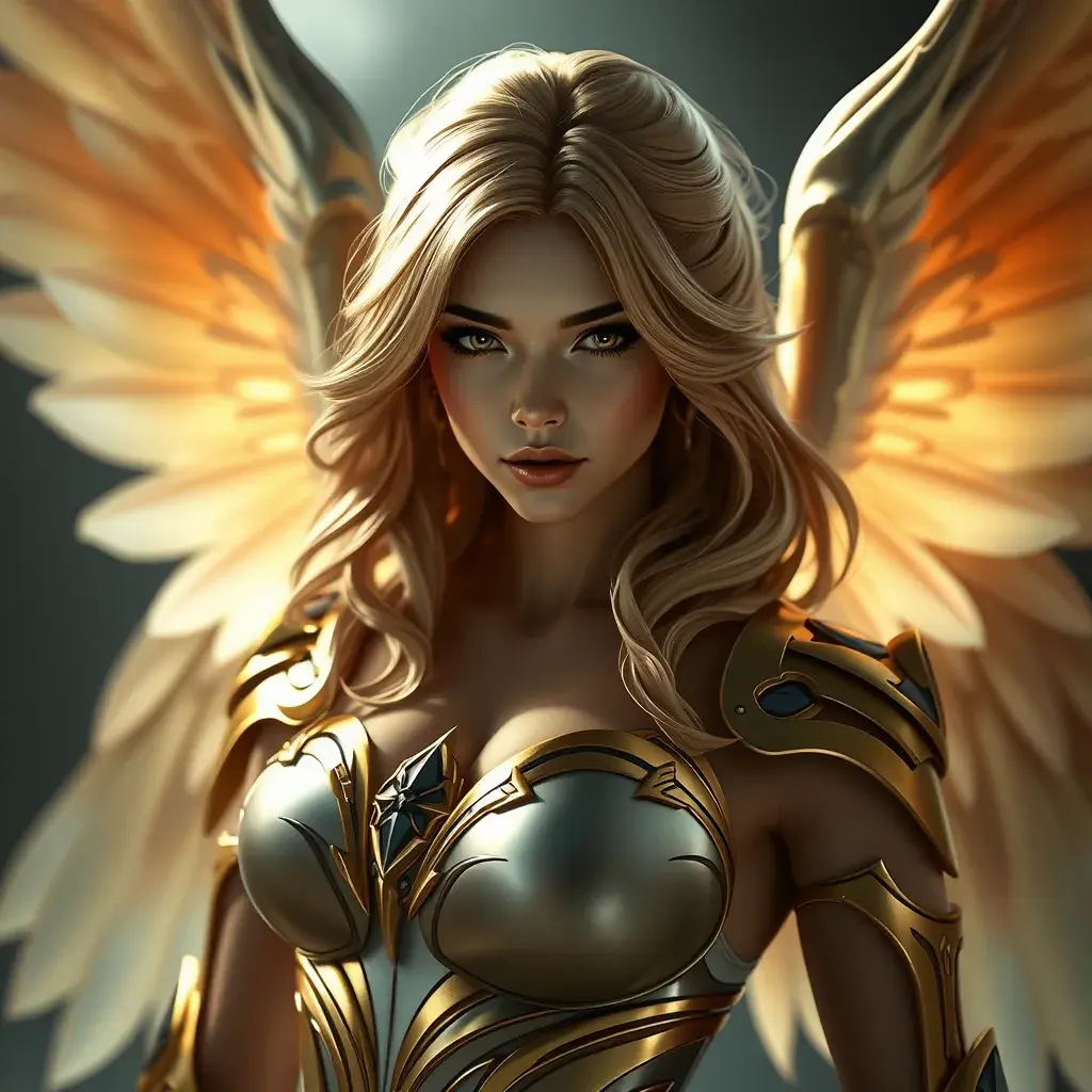 Alluring portrait of a beautiful winged Kayle from League of Legends, 8k, Highly Detailed, Half Body, Photo Realistic, Sharp Focus, Octane Render, Unreal Engine, Volumetric Lighting, Fantasy by Stanley Artgerm Lau, Alphonse Mucha, WLOP