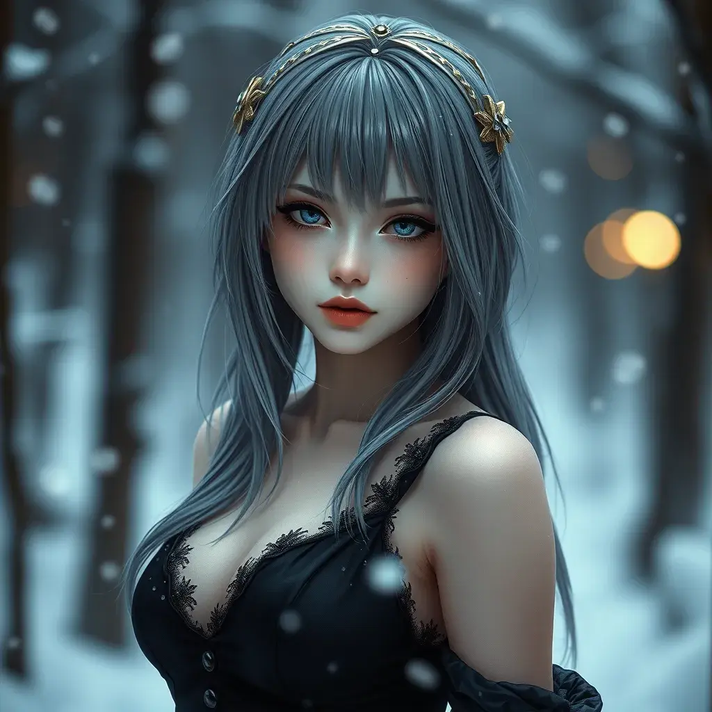 Alluring matte portrait of a beautiful ashen haired 2B from Nier Automata in the style of Stefan Kostic in a black dress, Highly Detailed, Full Body, Snow, Bokeh effect, Photo Realistic, Sharp Focus by Stanley Artgerm Lau