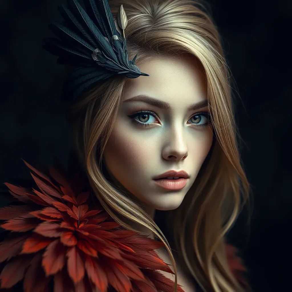 Matte portrait of the beautiful Katarina with feathers, Highly Detailed, Intricate, Realistic, Sharp Focus, Volumetric Lighting, Fantasy, Elegant