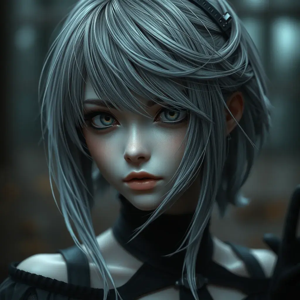 Alluring matte portrait of a beautiful ashen haired 2B from Nier Automata in the style of Stefan Kostic, Highly Detailed, Full Body, Bokeh effect, Photo Realistic, Sharp Focus