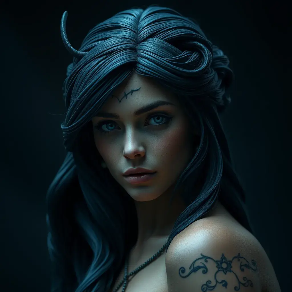 Matte portrait of the beautiful Artemis in dark blue, 8k, Highly Detailed, Intricate, Realistic, Sharp Focus, Volumetric Lighting, Fantasy, Elegant by Stanley Artgerm Lau, WLOP, Stefan Kostic