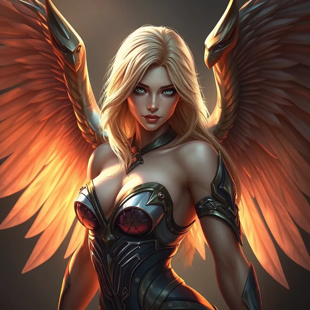 Alluring portrait of a beautiful winged Kayle from League of Legends, Highly Detailed, Half Body, Sharp Focus, Fantasy by Stanley Artgerm Lau, Alphonse Mucha, WLOP