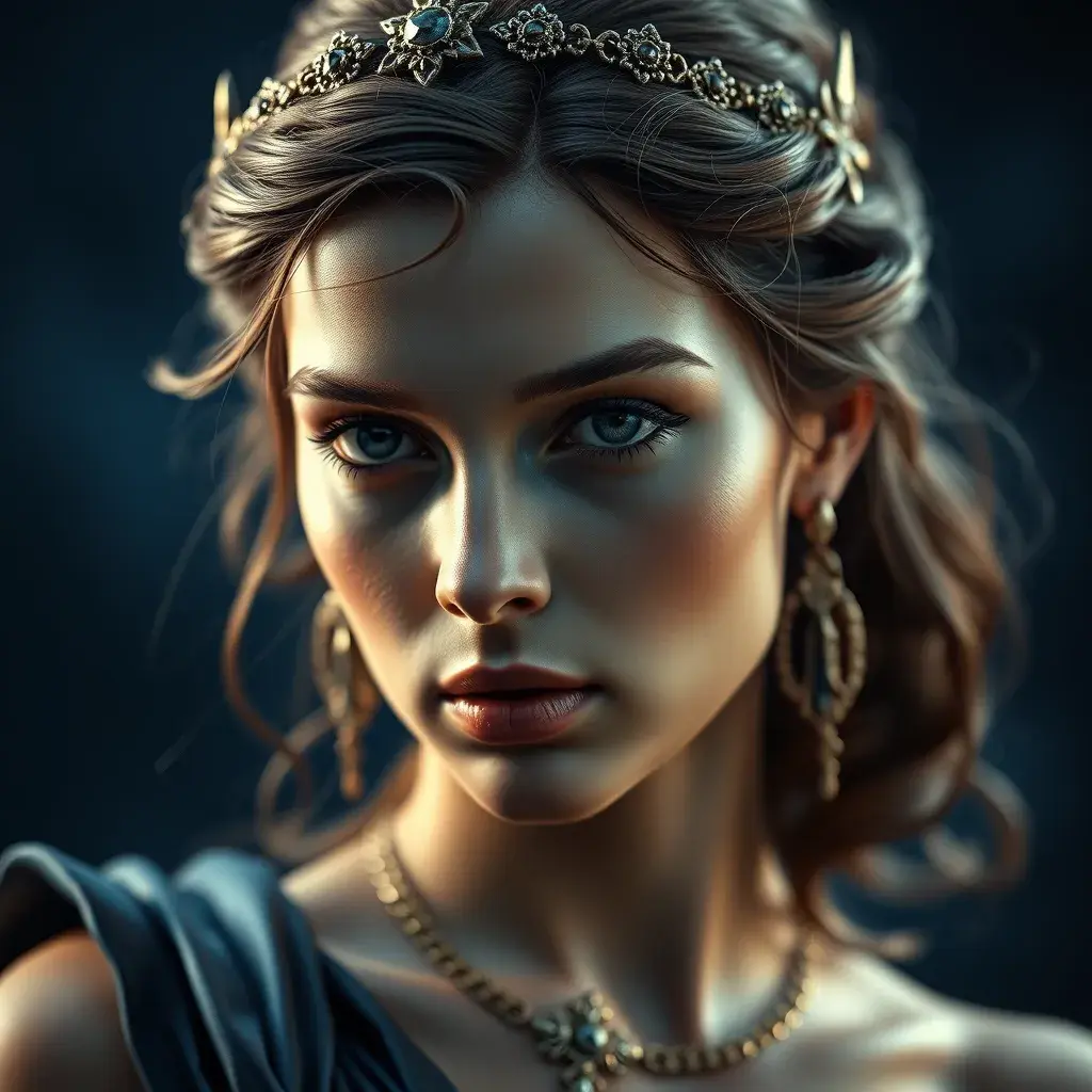 Matte portrait of the beautiful Artemis in dark blue, 8k, Highly Detailed, Intricate, Realistic, Sharp Focus, Volumetric Lighting, Fantasy, Elegant by Stanley Artgerm Lau, WLOP, Stefan Kostic