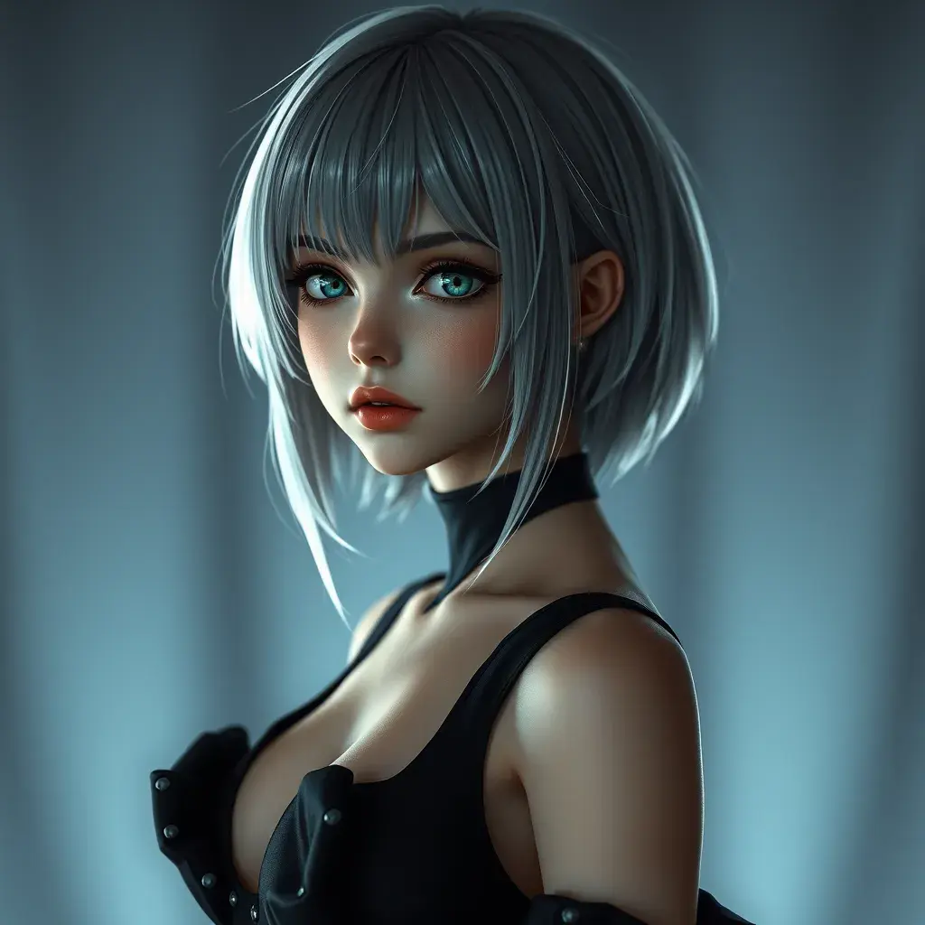 Matte portrait of a ashen haired 2B from Nier Automata in a black dress, Highly Detailed, Full Body, Bokeh effect, Photo Realistic, Sharp Focus by Stefan Kostic