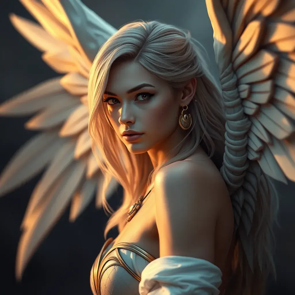 Alluring portrait of a beautiful winged Kayle from League of Legends, 8k, Highly Detailed, Half Body, Photo Realistic, Sharp Focus, Octane Render, Unreal Engine, Volumetric Lighting, Fantasy by Stanley Artgerm Lau, Alphonse Mucha, WLOP