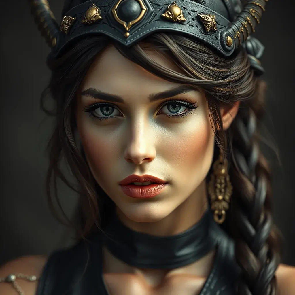 Alluring matte portrait of the beautiful goddess Artemis in black leather, Highly Detailed, Intricate, Realistic, Sharp Focus, Volumetric Lighting, Fantasy, Elegant