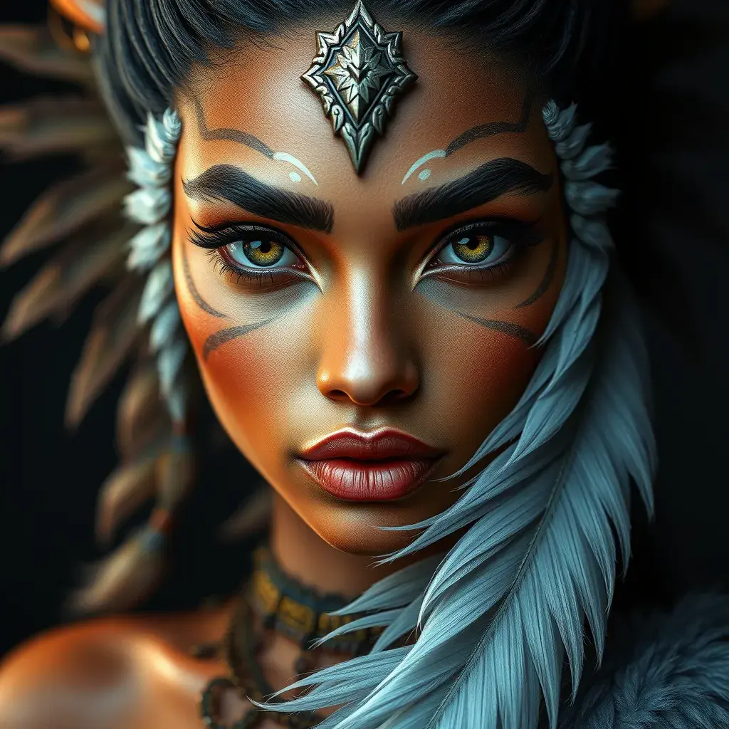 Matte portrait of the beautiful Nidalee with feathers, Highly Detailed, Intricate, Realistic, Sharp Focus, Volumetric Lighting, Fantasy, Elegant