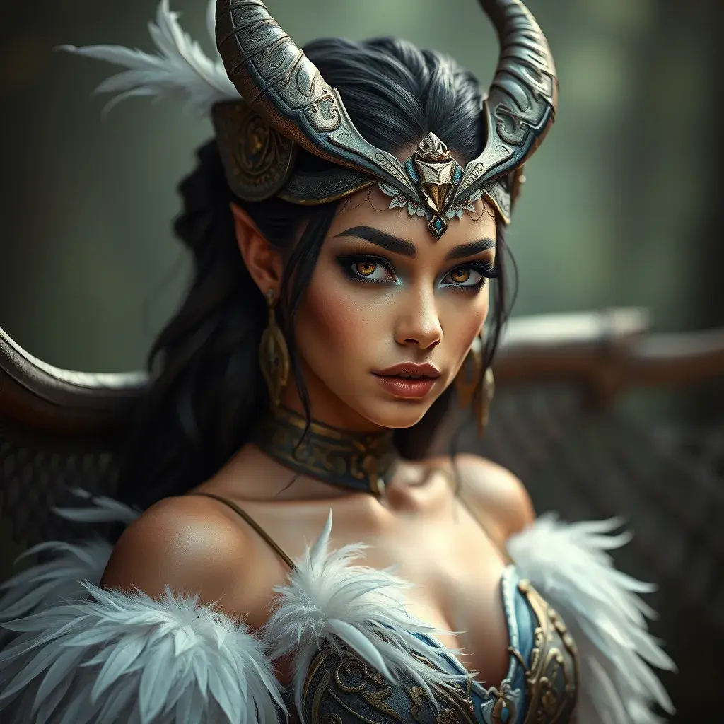 Alluring matte portrait of a beautiful Nidalee wearing feathers, 8k, Highly Detailed, Intricate, Half Body, Realistic, Sharp Focus, Volumetric Lighting, Fantasy, Elegant