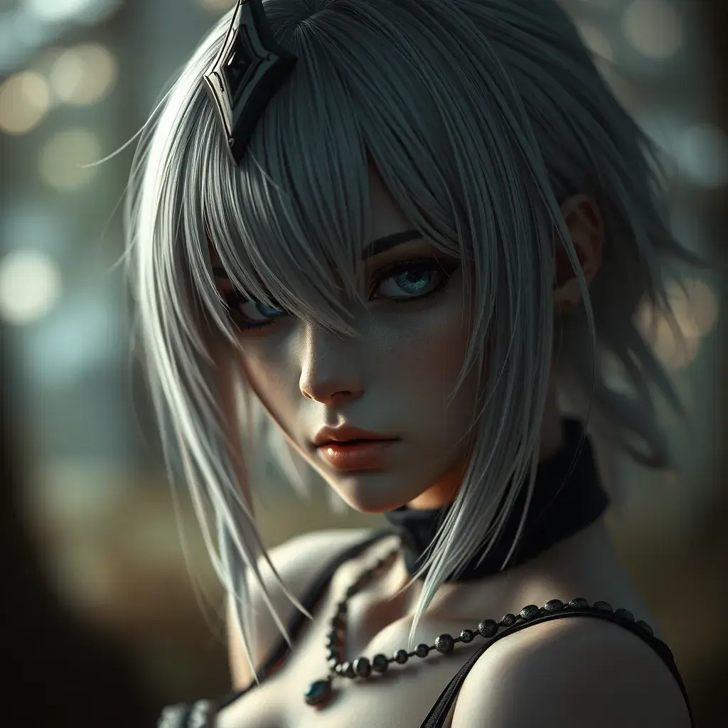 Alluring matte portrait of a beautiful ashen haired 2B from Nier Automata in the style of Stefan Kostic, Highly Detailed, Full Body, Bokeh effect, Photo Realistic, Sharp Focus