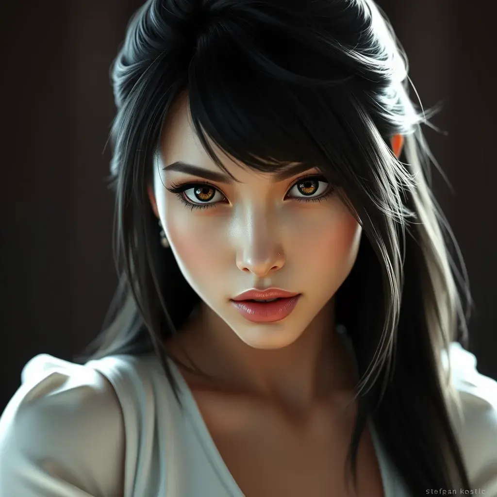 Alluring matte portrait of Tifa Lockhart from final fantasy in white, Highly Detailed, Half Body, Beautiful, Sharp Focus, Elegant by Stefan Kostic