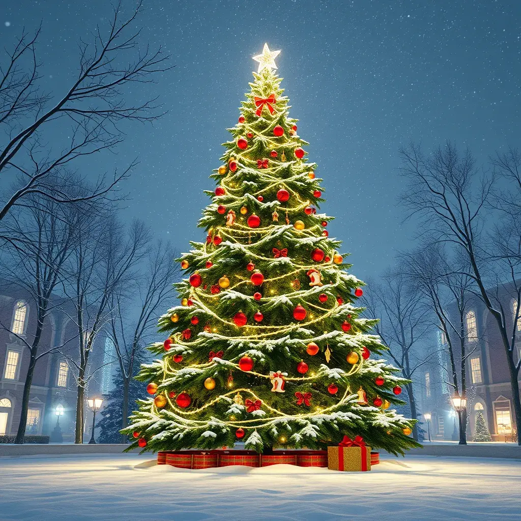 A large green christamas tree in snow lit full of christmas decorations, 8k, Highly Detailed, Digital Painting, Photo Realistic, Sharp Focus, Octane Render, Unreal Engine, Volumetric Lighting