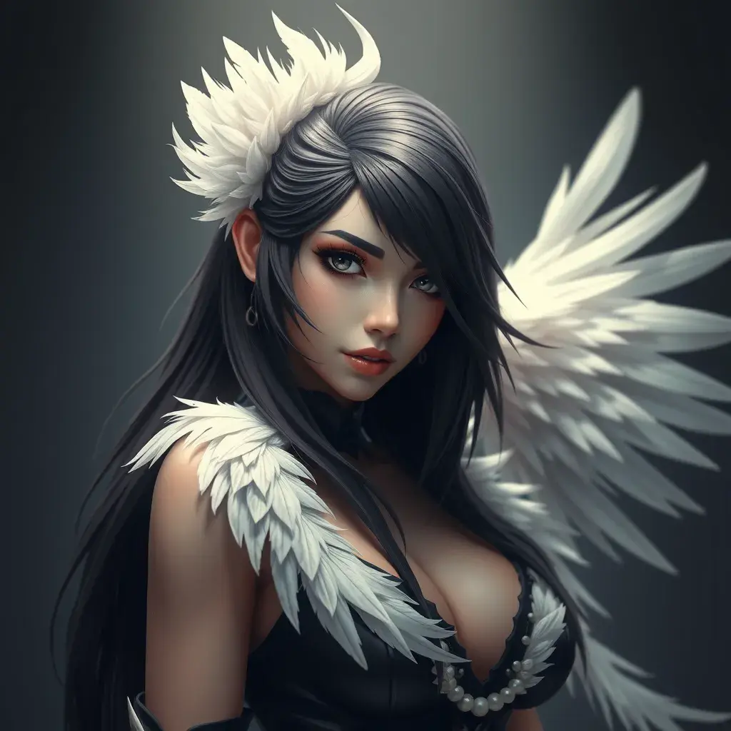 Matte portrait of the beautiful Tifa Lockhart with feathers, Highly Detailed, Intricate, Realistic, Sharp Focus, Volumetric Lighting, Fantasy, Elegant