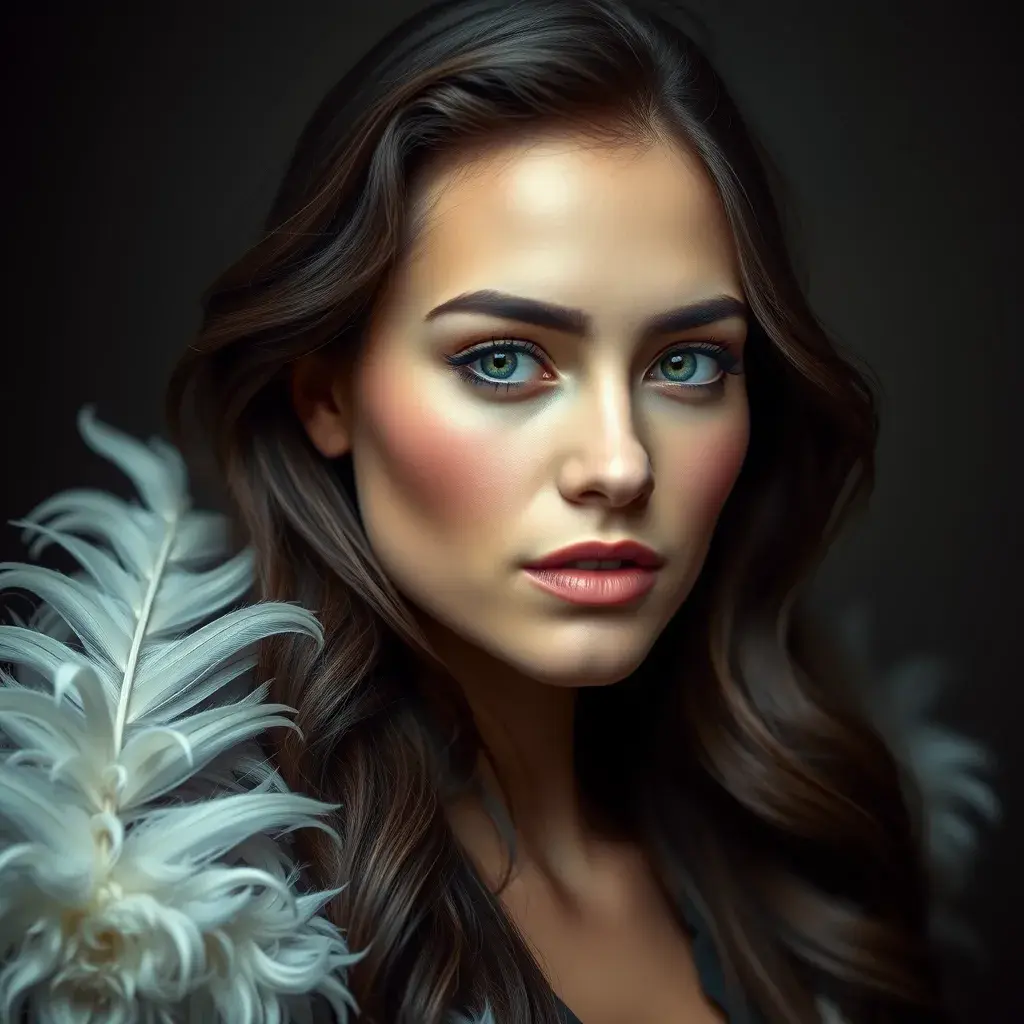 Matte portrait of the beautiful Laura Kinney with feathers, Highly Detailed, Intricate, Realistic, Sharp Focus, Volumetric Lighting, Fantasy, Elegant