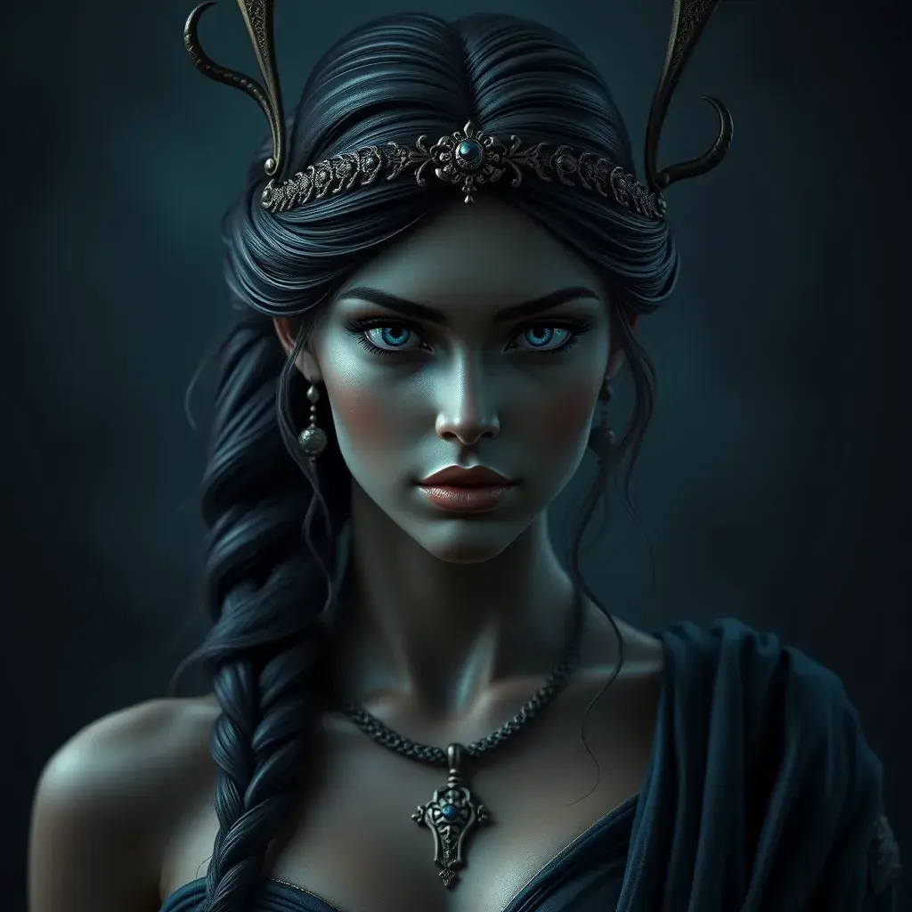 Matte portrait of the beautiful Artemis in dark blue, Highly Detailed, Intricate, Realistic, Sharp Focus, Volumetric Lighting, Fantasy, Elegant