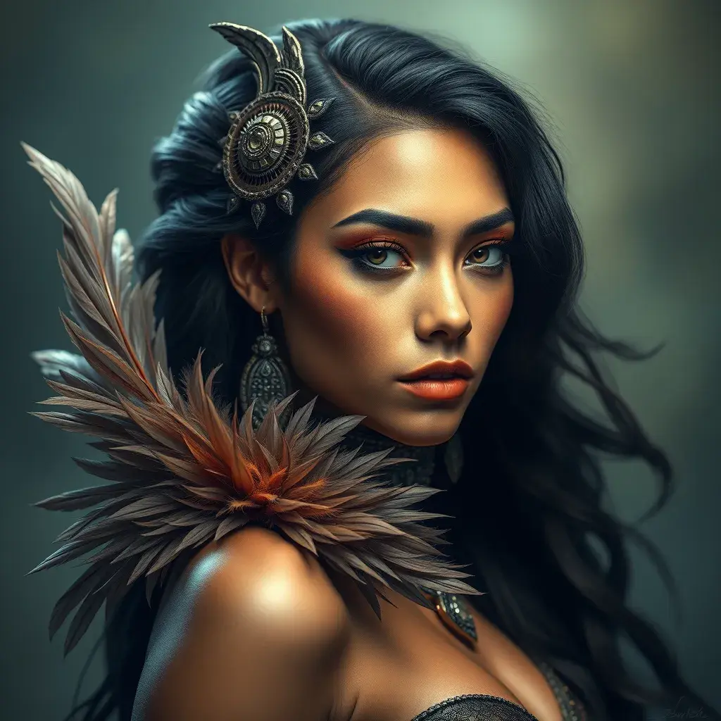 Alluring matte portrait of a beautiful Nidalee wearing feathers, 8k, Highly Detailed, Intricate, Half Body, Realistic, Sharp Focus, Volumetric Lighting, Fantasy, Elegant by Stanley Artgerm Lau, Alphonse Mucha, WLOP