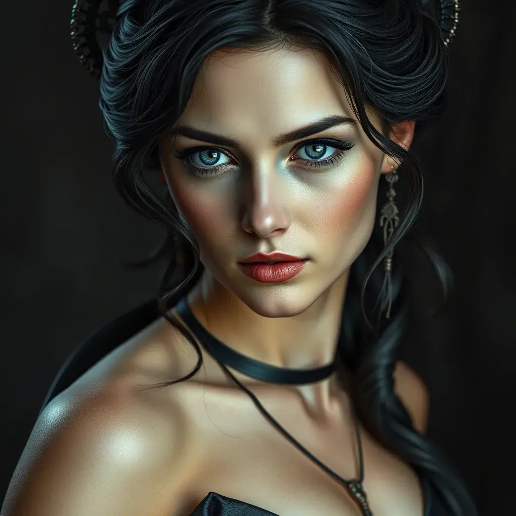 Alluring matte portrait of the beautiful goddess Artemis in black leather, 8k, Highly Detailed, Intricate, Realistic, Sharp Focus, Volumetric Lighting, Fantasy, Elegant by Stanley Artgerm Lau, Alphonse Mucha, WLOP