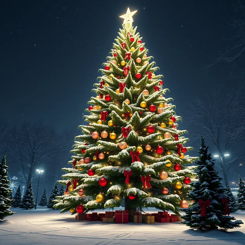 A large green christamas tree in snow lit full of christmas decorations, 8k, Highly Detailed, Digital Painting, Photo Realistic, Sharp Focus, Octane Render, Unreal Engine, Volumetric Lighting