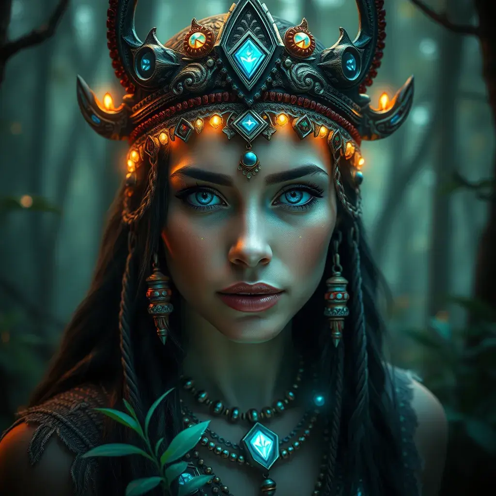 A beautiful tribal queen in a magical forest, Highly Detailed, Masterpiece, Pretty Face, Digital Illustration, Cinematic Lighting, Realistic, Sharp Focus, Centered, Beautifully Lit, Bioluminescent by Stefan Kostic