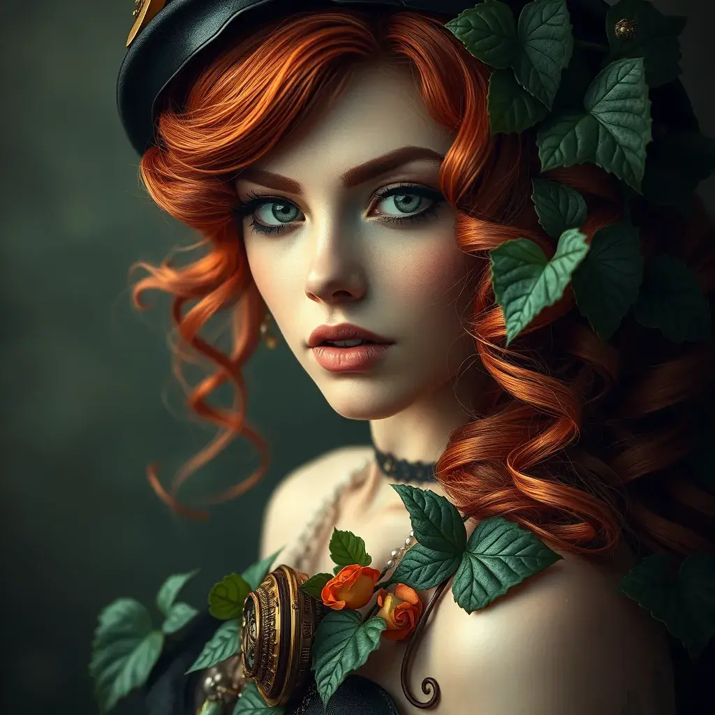 Steampunk portrait of Poison Ivy, Highly Detailed, Beautiful, Photo Realistic, Sharp Focus, Elegant