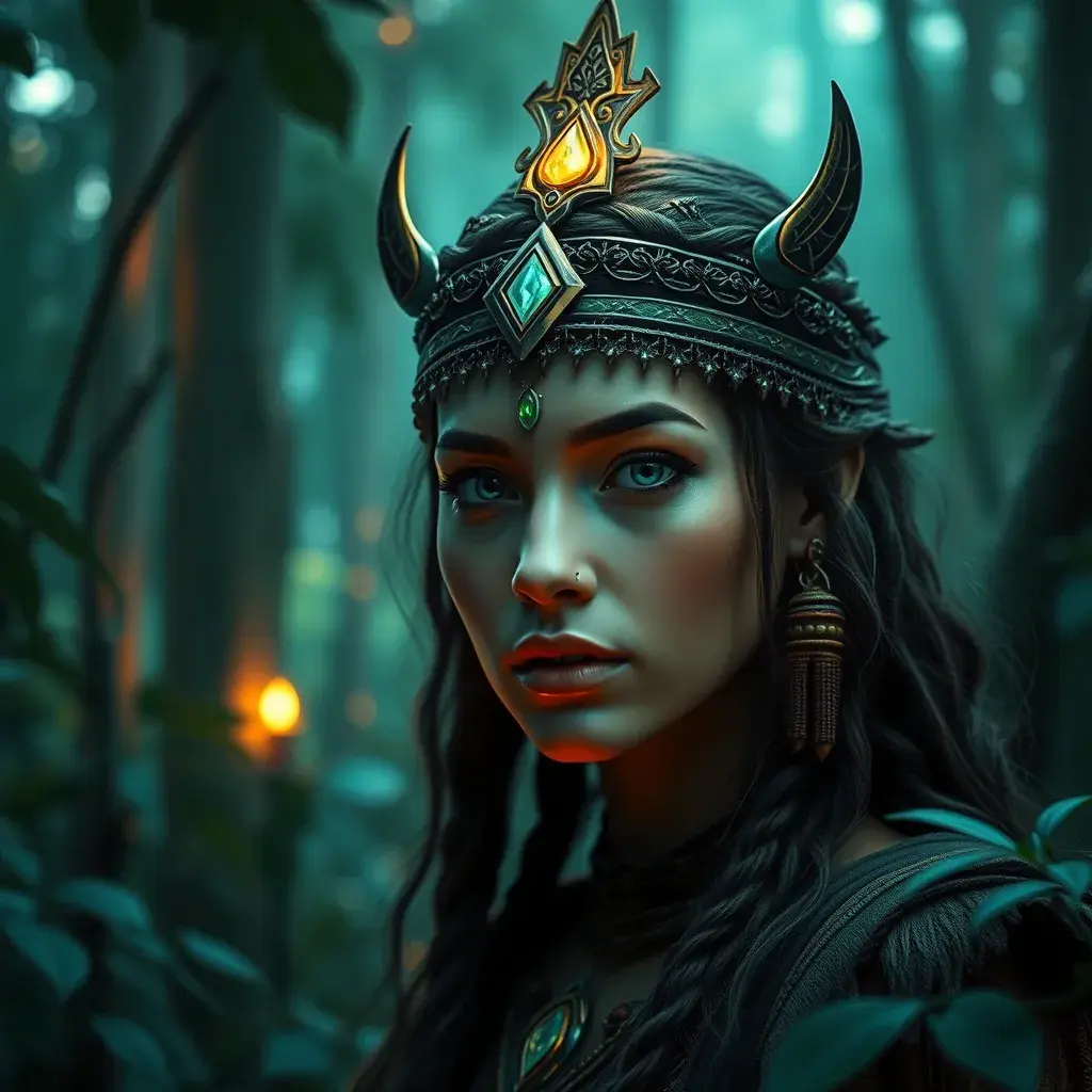 A beautiful tribal queen in a magical forest, 4k, Highly Detailed, Masterpiece, Pretty Face, Digital Illustration, Cinematic Lighting, Realistic, Sharp Focus, Centered, Beautifully Lit, Bioluminescent by Stanley Artgerm Lau, Alphonse Mucha, Greg Rutkowski, Stefan Kostic