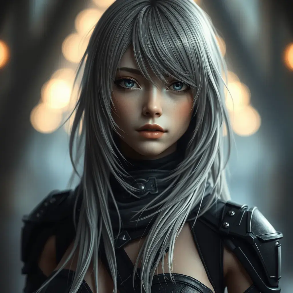 Alluring matte portrait of a beautiful ashen haired A2 from Nier Automata in the style of Stefan Kostic, Highly Detailed, Full Body, Bokeh effect, Photo Realistic, Sharp Focus