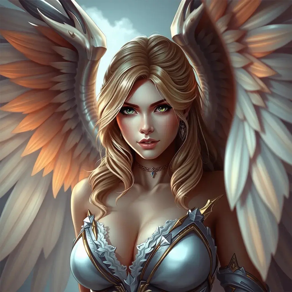 Alluring portrait of a beautiful winged Kayle from League of Legends, Highly Detailed, Half Body, Sharp Focus, Fantasy