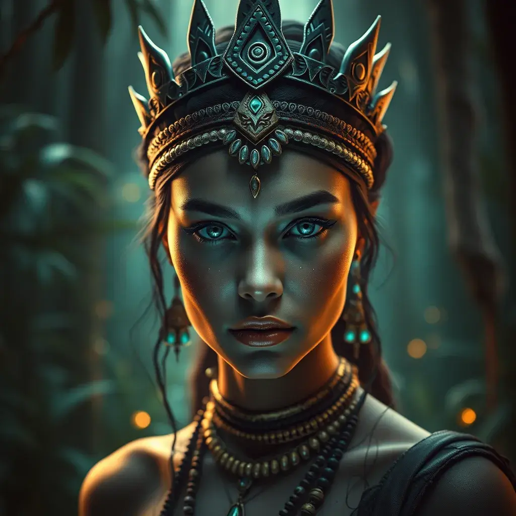 Matte portrait of a beautiful tribal queen in a magical forest, 4k, Highly Detailed, Masterpiece, Pretty Face, Digital Illustration, Cinematic Lighting, Realistic, Sharp Focus, Centered, Beautifully Lit, Bioluminescent by Stanley Artgerm Lau