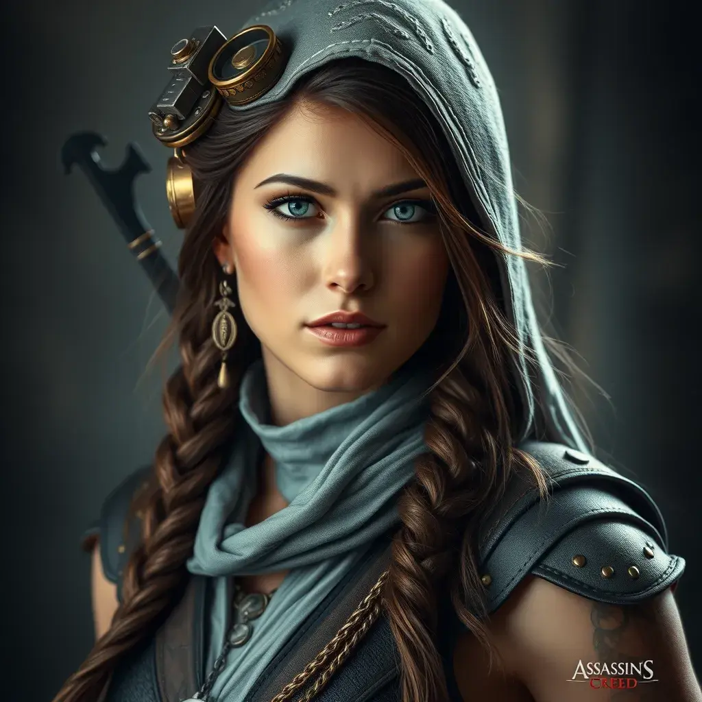 Steampunk portrait of Kassandra from Assassin Creed, Highly Detailed, Beautiful, Photo Realistic, Sharp Focus, Elegant