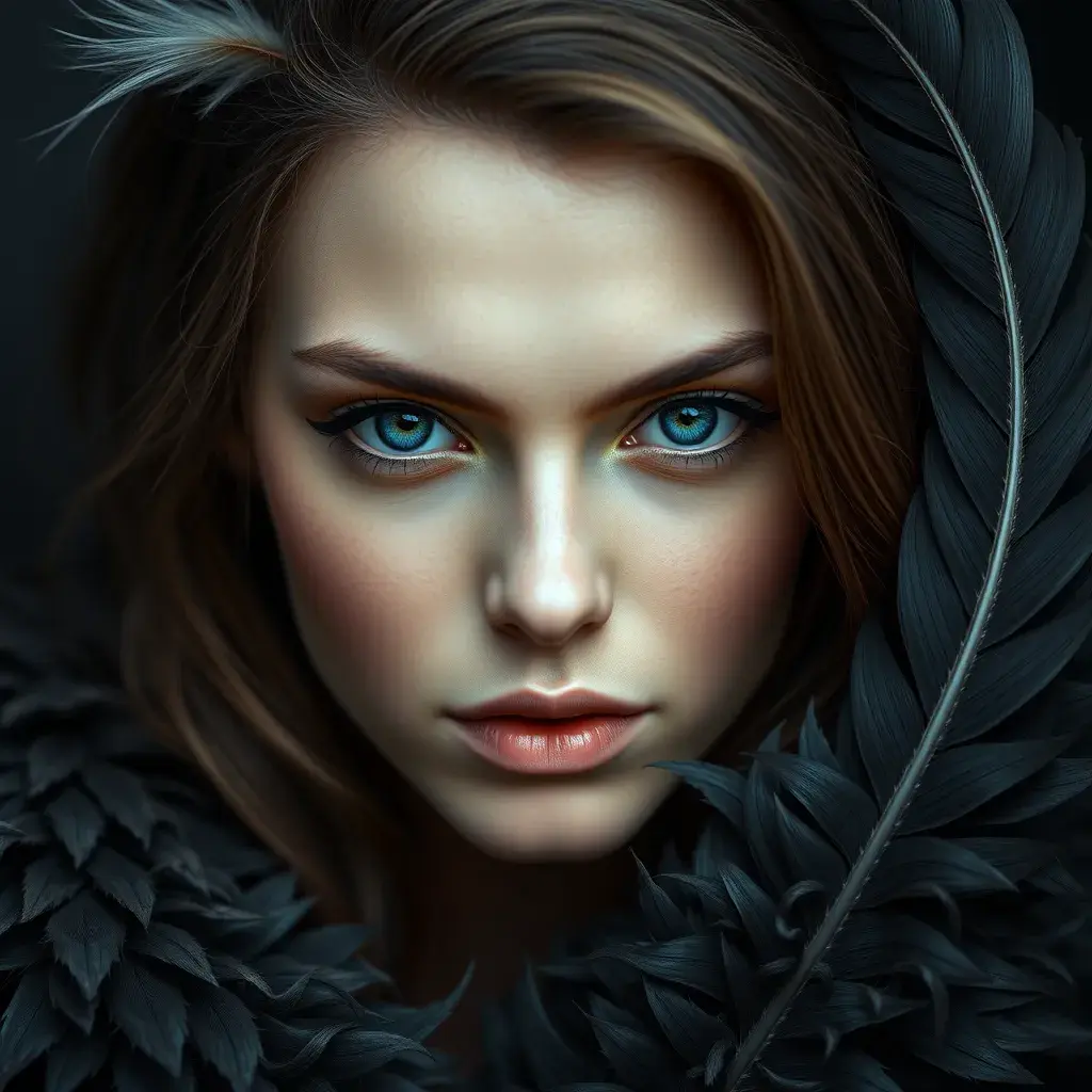 Matte portrait of the beautiful Laura Kinney with feathers, Highly Detailed, Intricate, Realistic, Sharp Focus, Volumetric Lighting, Fantasy, Elegant