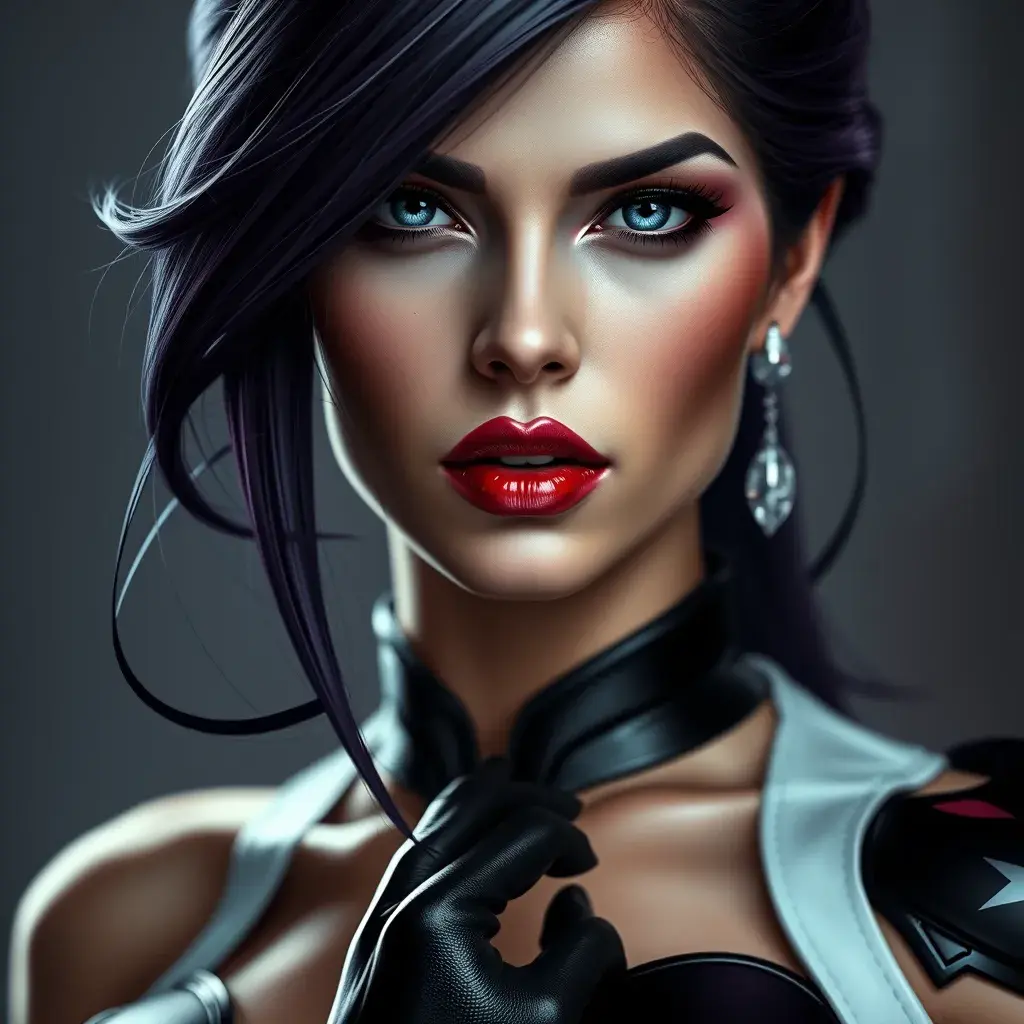 Alluring portrait of a beautiful Psylocke from Xmen in the style of Stefan Kostic, 8k, Highly Detailed, Intricate, Half Body, Realistic, Sharp Focus, Volumetric Lighting, Fantasy, Elegant