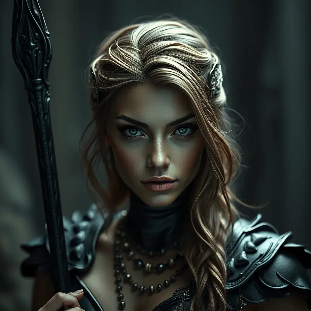 Alluring matte portrait of the beautiful goddess Artemis in black leather, Highly Detailed, Intricate, Realistic, Sharp Focus, Volumetric Lighting, Fantasy, Elegant