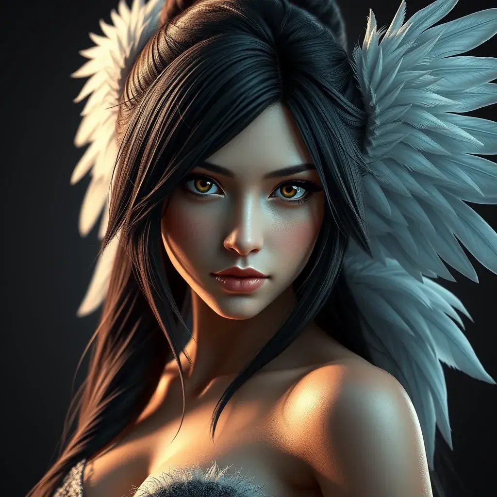 Matte portrait of the beautiful Tifa Lockhart with feathers, Highly Detailed, Intricate, Realistic, Sharp Focus, Volumetric Lighting, Fantasy, Elegant