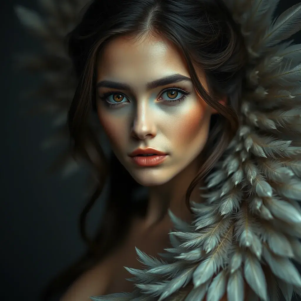 Matte portrait of the beautiful Laura Kinney with feathers, Highly Detailed, Intricate, Realistic, Sharp Focus, Volumetric Lighting, Fantasy, Elegant