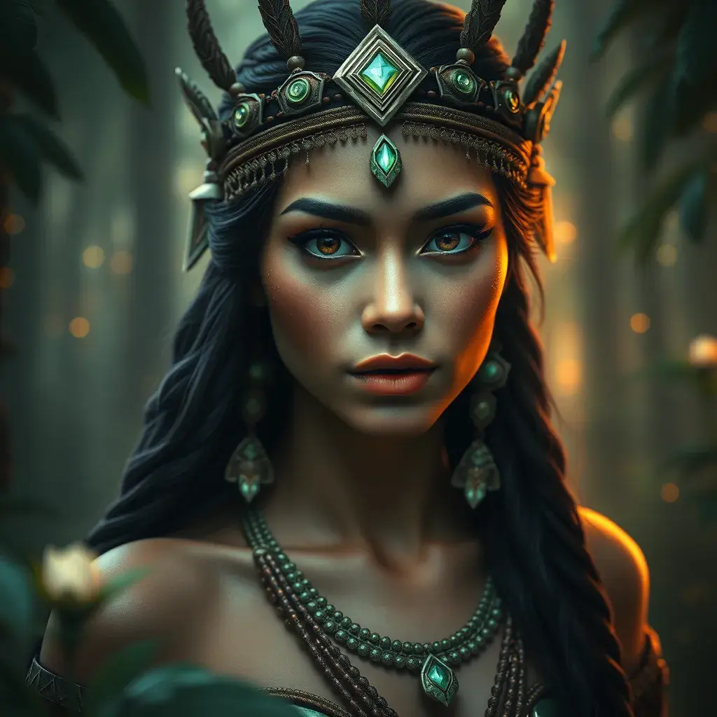 Matte portrait of a beautiful tribal queen in a magical forest, 4k, Highly Detailed, Masterpiece, Pretty Face, Digital Illustration, Cinematic Lighting, Realistic, Sharp Focus, Centered, Beautifully Lit, Bioluminescent by Stanley Artgerm Lau