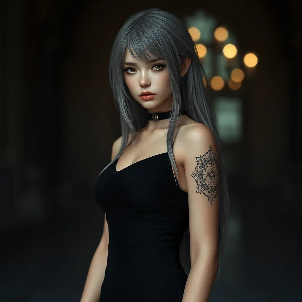 Alluring matte portrait of a beautiful ashen haired A2 from Nier Automata in the style of Stefan Kostic in a black dress, Highly Detailed, Full Body, Bokeh effect, Photo Realistic, Sharp Focus by Stanley Artgerm Lau