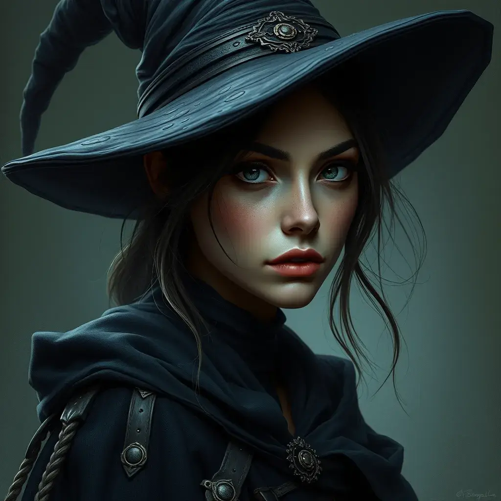 Matte portrait of a mysterious kiki the witch, Intricate, Half Body, Realistic, Sharp Focus, Volumetric Lighting, Elegant by Stanley Artgerm Lau