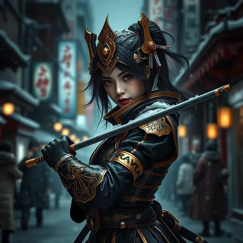 Mysterious beautiful armed kunoichi ninja wearing black and gold in the streets of dark snowy tokyo, Highly Detailed, Intricate, Half Body, Realistic, Sharp Focus, Volumetric Lighting, Fantasy, Elegant