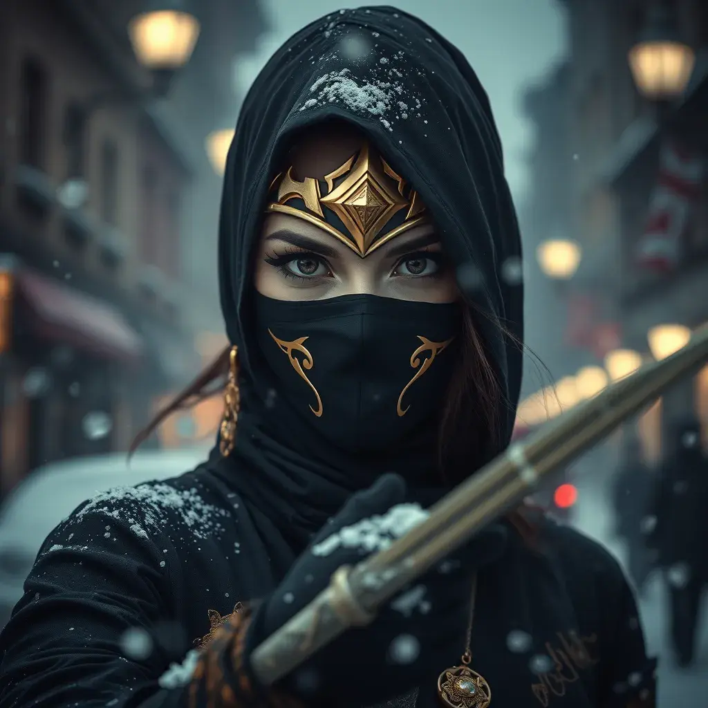 A mysterious beautiful masked kunoichi ninja wearing eyeliner and gold jewelry in the streets of a dark snowy town in moscow, fluid motion, Intricate, Half Body, Realistic, Sharp Focus, Volumetric Lighting, Elegant