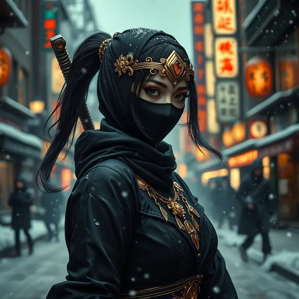 A mysterious beautiful black and gold kunoichi ninja wearing eyeliner and jewelery in the streets of a dark snowy town in tokyo, fluid motion, Intricate, Half Body, Realistic, Sharp Focus, Volumetric Lighting, Elegant