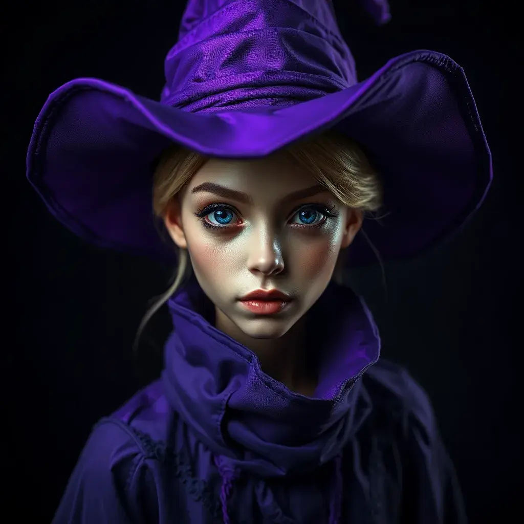 Matte portrait of a mysterious kiki the witch in purple, Intricate, Half Body, Realistic, Sharp Focus, Volumetric Lighting, Elegant