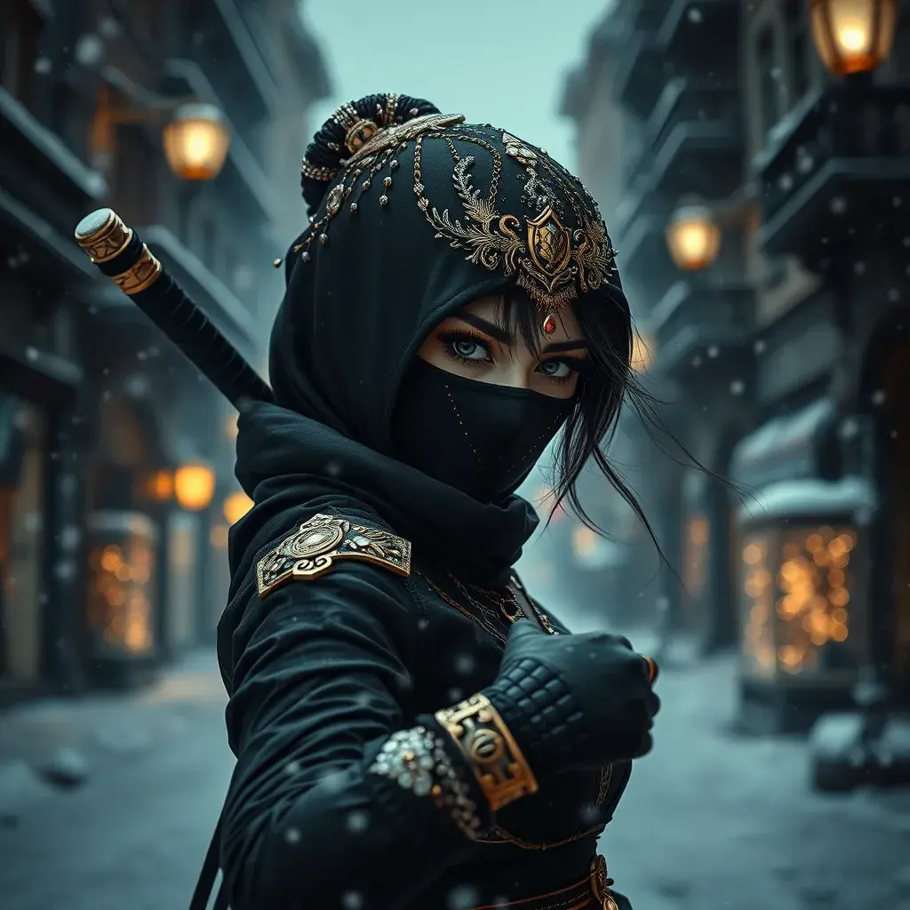 A mysterious beautiful black and gold kunoichi ninja wearing eyeliner and jewelery in the streets of a dark snowy town in moscow, fluid motion, Intricate, Half Body, Realistic, Sharp Focus, Volumetric Lighting, Elegant