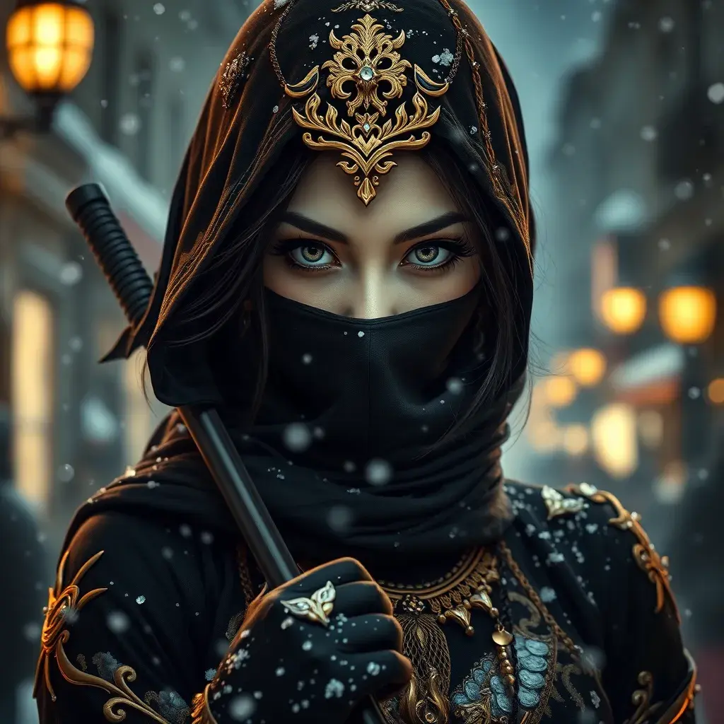 A mysterious beautiful black and gold kunoichi ninja wearing eyeliner and jewelery in the streets of a dark snowy town in moscow, fluid motion, Intricate, Half Body, Realistic, Sharp Focus, Volumetric Lighting, Elegant