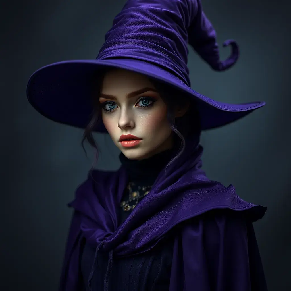 Matte portrait of a mysterious kiki the witch in purple, Intricate, Half Body, Sharp Focus, Elegant